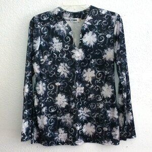 Coolwear, Gray and white floral velvet long sleeve blouse,